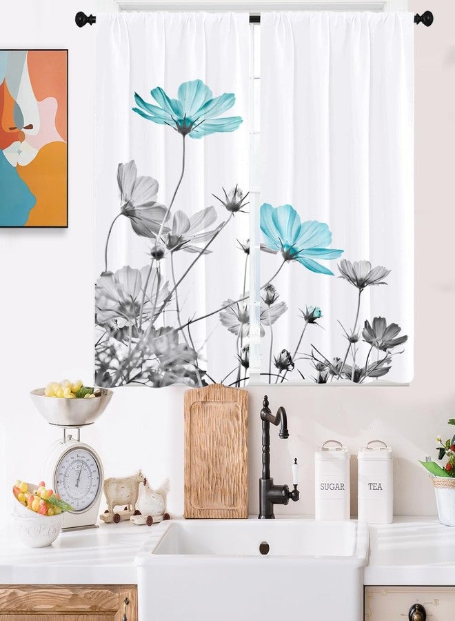 Kikiry Teal Floral Kitchen Curtains Mini 27.5''W x 39''L Patterned Turquoise Flower Country Aqua Farmhouse Daisy Grey White Short Small Cafe Room Rod Pocket Window Drapes Treatment Tiers Fabric 1 Pair - Image 1